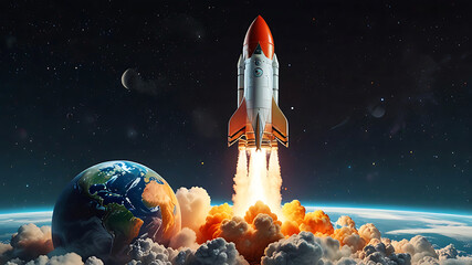 3D rocket in space, a rocket takes off into a sky leaving a fiery trail behind.