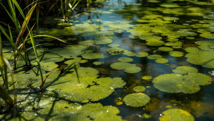 Tranquil pond with vibrant green lily pads