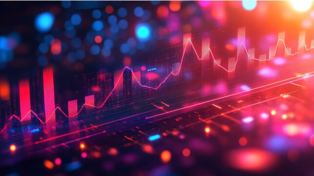 Abstract Red and Blue Data Visualization with Line Graph and Bokeh Lights
