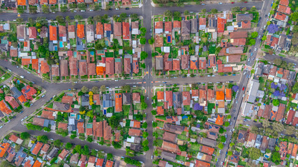 Fototapeta premium defaultPanoramic aerial drone view of Western Sydney Suburbs with Houses roads and parks in Sydney NSW Australia