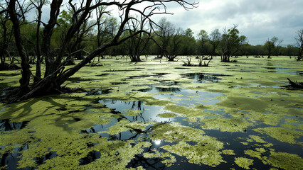 Naklejka premium Serene Wetland Landscape Under Overcast Sky