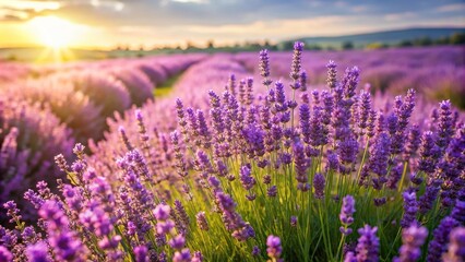 Fototapeta premium A field of lavender flowers swaying gently in the breeze on a warm summer day, landscape, summer