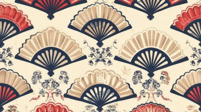 Hand fan pattern in traditional oriental style, seamless loop animated video