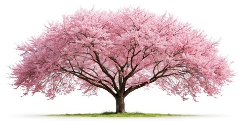Cherry blossom tree with pink flowers against white background