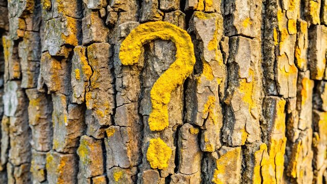 Close-up of a tree with a yellow question mark on the surface