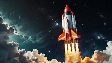 Naklejka premium 3D rocket in space, a rocket takes off into a sky leaving a fiery trail behind.