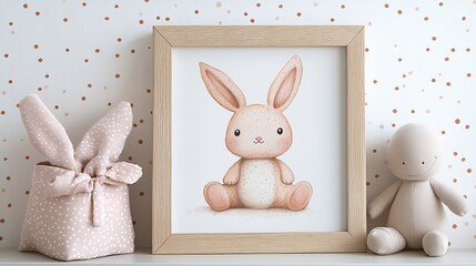 Cute Nursery Decor with Adorable Bunny Illustration in Rustic Frame : Generative AI