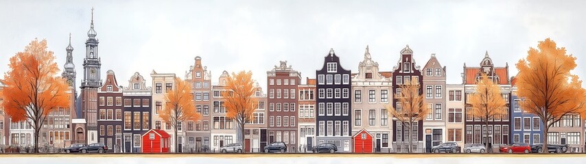 Naklejka premium A flat design of the cityscape of Amsterdam, with trees and buildings in shades of brown, beige, orange, yellow, gray, and blue, creating an autumnal atmosphere