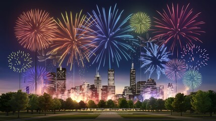 Fireworks Display Over City Skyline at Night