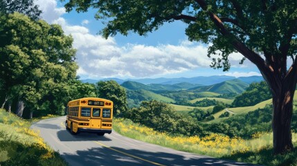 School Bus Driving Down a Winding Mountain Road