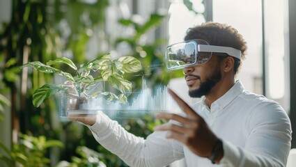A man engages with virtual reality technology, holding a plant while examining digital displays, blending nature with innovation in a modern environment of greenery.