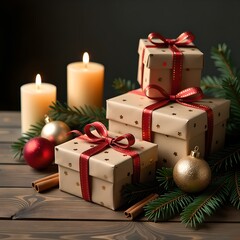 Festive holiday scene with gift boxes, red ornaments, candles, and pine branches, creating a cozy Christmas ambiance on a rustic table