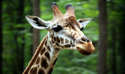Obraz premium A close-up portrait of a giraffe's head and neck, with a blurred green forest background.