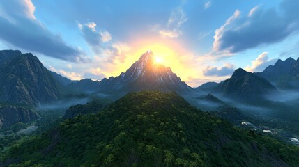 Majestic Mountain Peak at Sunset with Lush Forest Landscape