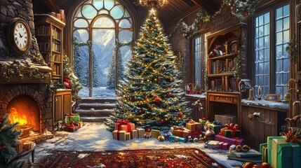Obraz premium Cozy Christmas Scene with Snowy Tree and Clock
