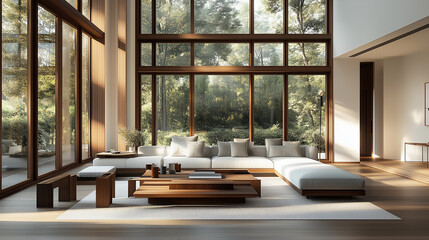 a house with loft design, modern interior design of a home with an open-plan layout, clean lines and a contemporary aesthetic, featuring a blend of natural wood and sleek gray materials