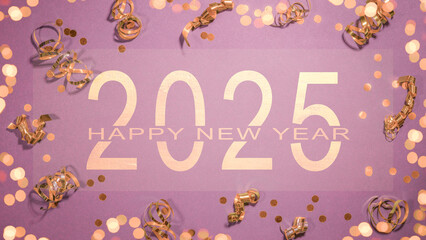 Happy new year 2025, silvester, New Year's eve, celebration greeting card with text - Frame border made of golden confetti and gift ribbons ornaments , isolated on pink table background, flat lay