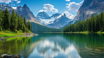 A calm lake nestled at the base of towering snow-capped mountains