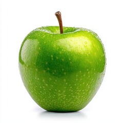 A photostock of a bright green Granny Smith apple on a white background, tart and fresh.