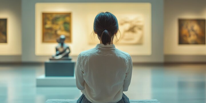 South Korean Woman Sitting Alone in a Museum Observing Art and Culture Around Her