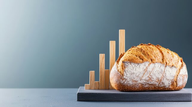 This image features a rustic loaf of bread presented on a wooden board, alongside abstract wooden graph elements, symbolizing growth and culinary art.