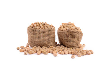 dried chickpeas in the sack, isolated on white