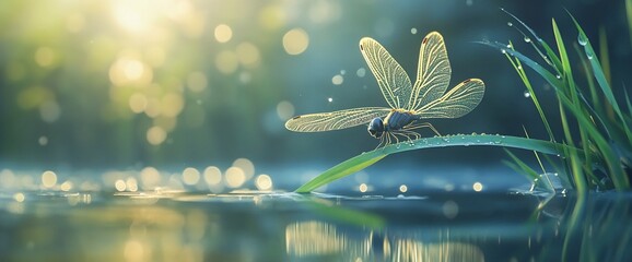 A delicate dragonfly perches on a blade of grass above a tranquil pond with the sun shining in the background.