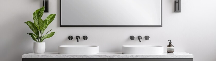 Fototapeta premium Stylish modern bathroom with double sinks, sleek countertops, a large mirror, and decorative plant adding a touch of greenery in a bright setting.