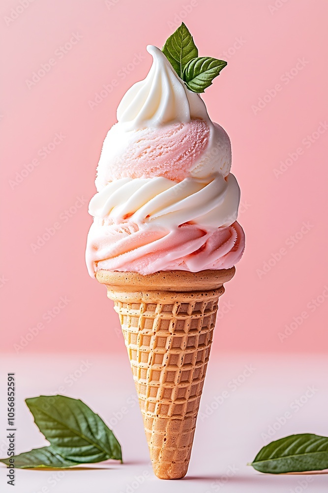 Poster double scoop vanilla strawberry ice cream cone on pink backdrop with mint garnish : generative ai
