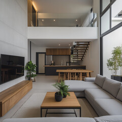 Fototapeta premium a house with loft design, modern interior design of a home with an open-plan layout, clean lines and a contemporary aesthetic, featuring a blend of natural wood and sleek gray materials