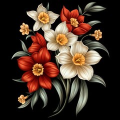 Tulips, daffodils: isolated, black background
