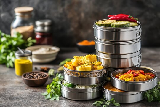 Stacked tiffin lunch boxes filled with traditional Indian meals