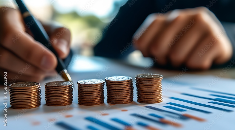 Aufkleber close-up of stacks of coins with business charts for financial growth concept : generative ai
