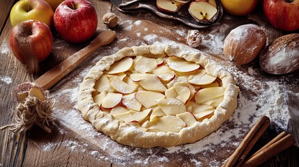 Fototapeta premium Home baker rolling dough on rustic wooden table for fresh apple pie.