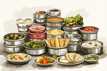 Traditional Indian tiffin lunch with neatly stacked stainless steel containers