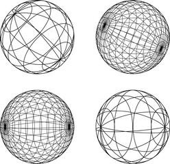 Wireframe shapes, lined sphere. Perspective mesh, 3d grid. Low poly geometric elements. Retro futuristic design elements, y2k, vaporwave and synthwave style. Vector illustration