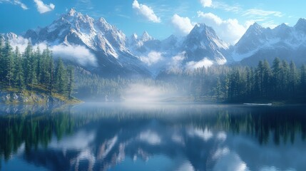 A picturesque scene with a crystal-clear lake reflecting the snow-capped mountains behind