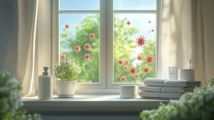 Window with Virus Particles and Bathroom Amenities