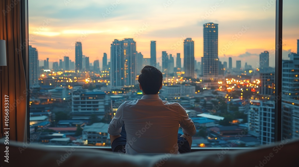 Poster person enjoying tranquil cityscape at dusk with illuminated buildings and vibrant skyline : generati