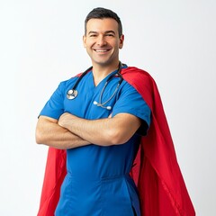 Doctor or nurse in blue uniform and red superhero cape with stethoscope over white background