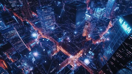 Cityscape at Night with Network Connections