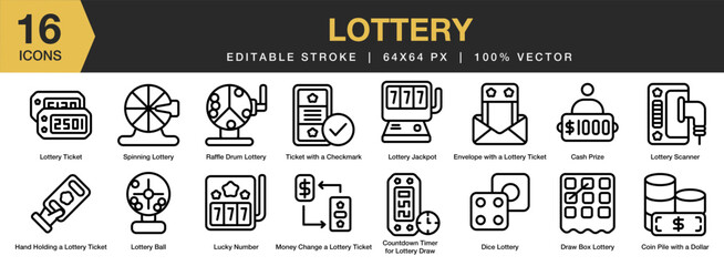 Lottery icon set. Editable Stroke Icon Collection. Includes cash prize, coin pile, dice, draw box, jackpot, spinning, and More. Outline icons vector collection.