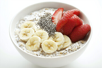 Editorial photo of oatmeal bowl with bananas, strawberries, and chia seeds