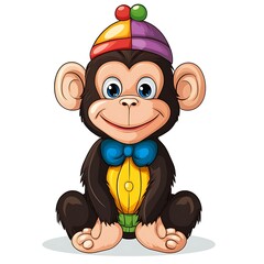 Naklejka premium A cartoon monkey in a clown costume on a white background.