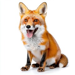 A photostock of a fox sitting against a white background, alert and natural.