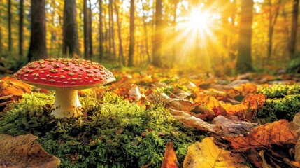 A vibrant forest floor with a bright red mushroom standing out among the green moss