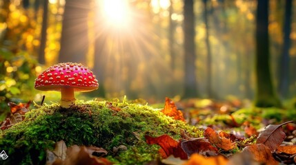 A vibrant forest floor with a bright red mushroom standing out among the green moss