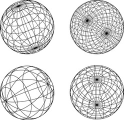 Globe grid spheres. Striped 3D spheres, geometry globe grid, earth latitude and longitude line grid vector symbols set. Spherical grid globe shapes