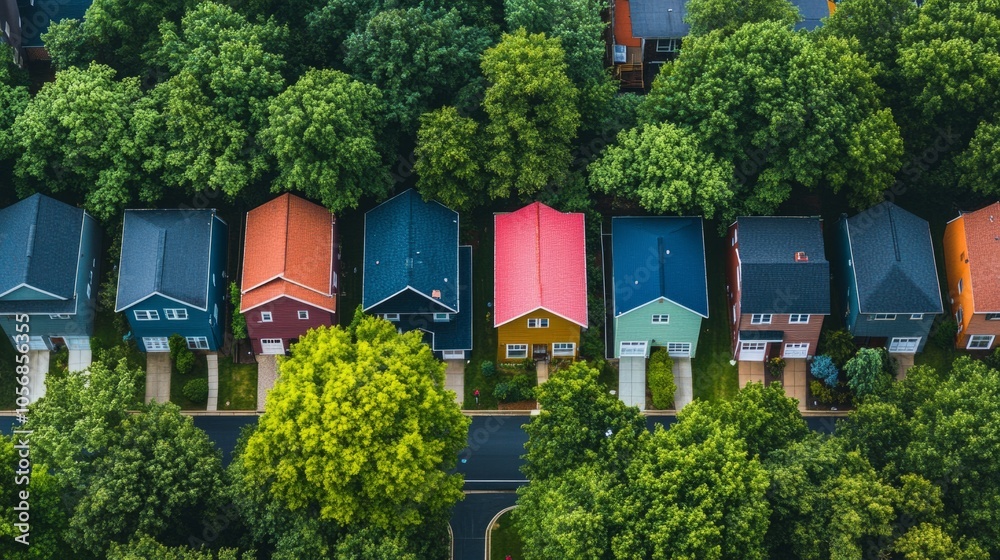 Aufkleber a row of houses with different colored roofs and a green tree in the background
