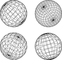 Globe grid spheres. Striped 3D spheres, geometry globe grid, earth latitude and longitude line grid vector symbols set. Spherical grid globe shapes